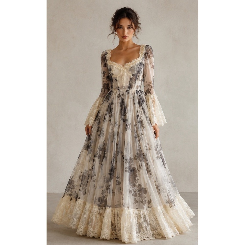 Victorian Renaissance Prom SheerLace Cottagecore Romantic milkmaid festival Gown - Picture 2 of 9